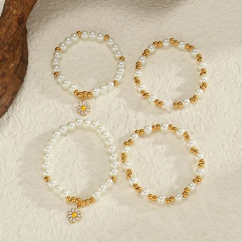 Stainless Steel 18K Gold Plated Daisy Pearl Bracelet Set For Women Vintage Flower Star Charm Link Beaded Bracelet Jewelry Gift