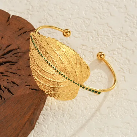 Luxus Edelstahl Grüne Strass Blatt Offener Armreif Für Damen Vintage Vergoldet Statement Schmuck Zubehör