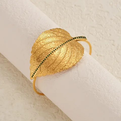 Luxus Edelstahl Grüne Strass Blatt Offener Armreif Für Damen Vintage Vergoldet Statement Schmuck Zubehör