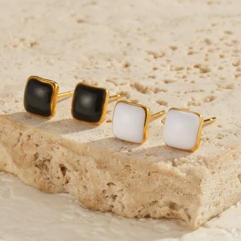 Boucles d'Oreilles Clous Minimalistes en Acier Inoxydable Plaqué Or Géométriques Carré Cœur Rond Émail pour Femme Bijoux