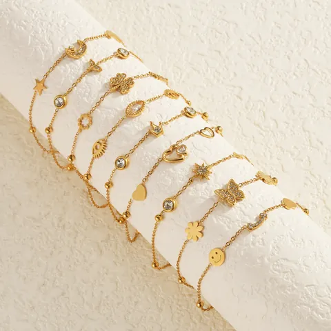 Edelstahl Armband Für Damen 18K Vergoldet Zirkonia Charm Armband Herz Stern Mond Lebensbaum Römische Zahlen Schmuck