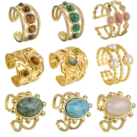 Vintage Edelstahl 18K Vergoldet Offener Ring Mit Naturstein Malachit Tigerauge Verstellbarer Modeschmuck Für Damen
