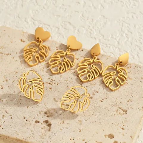 Stainless Steel Hollow Monstera Leaf Earrings For Women Gold Silver Plated Heart Waterdrop Tropical Plant Ear Jewelry