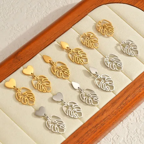 Stainless Steel Hollow Monstera Leaf Earrings For Women Gold Silver Plated Heart Waterdrop Tropical Plant Ear Jewelry