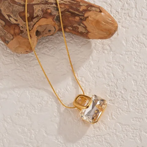 Minimalistische Edelstahl 18K Vergoldet Rechteck Zirkonia Kristall Anhänger Halskette Und Ohrstecker Für Damen Schmuck