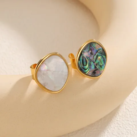 Unregelmäßiger Geometrischer Edelstahl Offener Ring Für Damen 18K Vergoldet Perlmutt Abalone Muschel Verstellbarer Schmuck