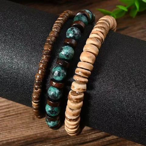 Men Vintage Layered African Turquoise Wood Coconut Shell Beaded Bracelets Handmade Ethnic Bohemian Jewelry Accessories Gift