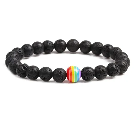 Natural Stone Beaded Bracelet With Rainbow Striped Bead Elastic Unisex Jewelry Volcanic Lava Tiger Eye Turquoise