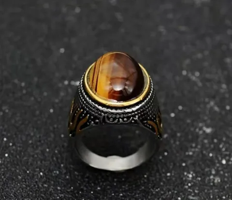 Retro Signet Ring Alloy Tiger Eye Stone Flame Pattern Vintage Punk Style For Men Unisex Jewelry