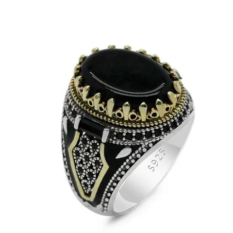 Anello da Uomo Vintage in Lega Turca con Pietra Nera Ovale Oro Argento Bicolore Stile Bizantino Gioielli Retro per Uomo
