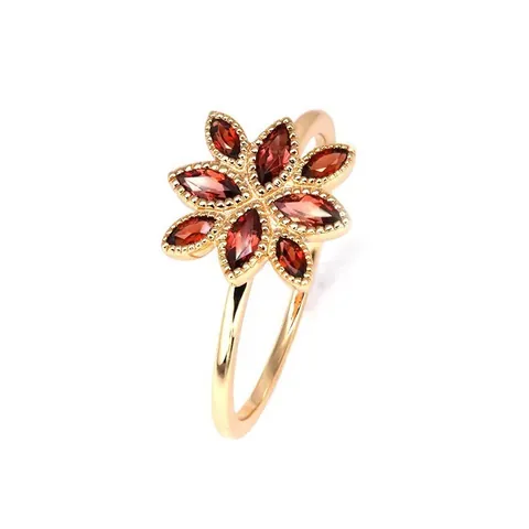 Vintage 925 Sterling Silver 14K Gold Plated Red Garnet Flower Ring For Women Marquise Cut Gemstone Retro Floral Finger Ring