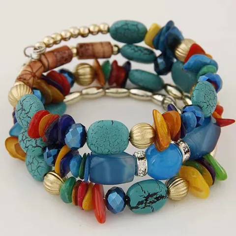 Bracelet Multi-Rangs Bohème Agate Pierre Concassée Alliage Cristal Perles En Bois Bijoux Ethniques Vintage Femmes