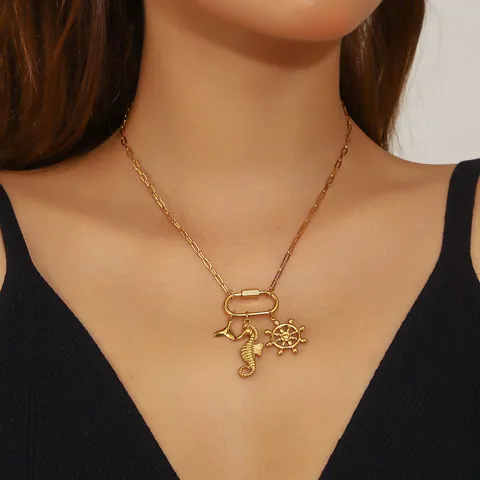 Stainless Steel Gold Plated Carabiner Clasp Pendant Necklace Evil Eye Star Moon Seahorse Nautical Jewelry For Women