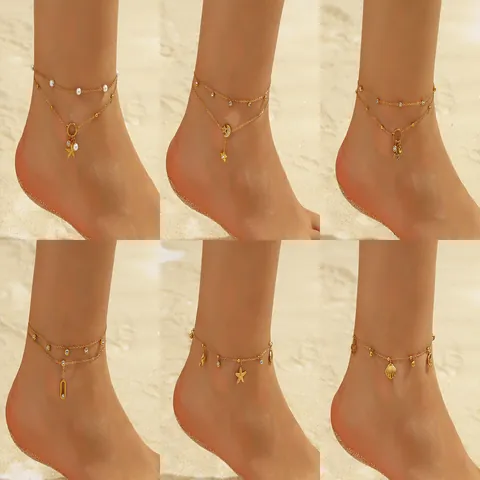Stainless Steel Double Layer Anklet For Women Gold Plated Sea Star Shell Artificial Pearl Zirconia Adjustable Beach Foot Jewelry