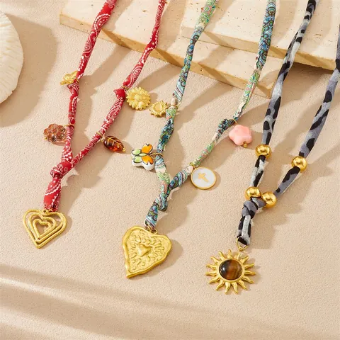 Bohemian Printed Scarf Necklace Retro Paisley Leopard Fabric Wrap Heart Sun Flower Stainless Steel Pendant Jewelry