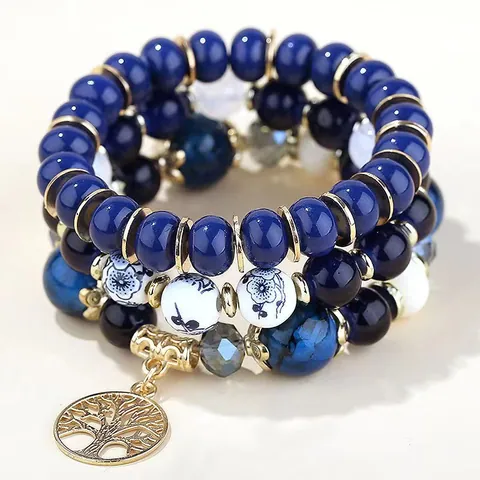 Bracciale Multistrato Di Perline Resina Lega Ciondolo Albero Della Vita Stile Boho Etnico Elastico Per Donna