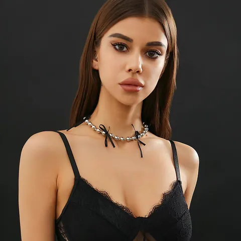 Fashion Bowknot Beaded Choker Necklace For Women Alloy Copper Chain Satin Ribbon Sweet Punk Style Party Jewelry Necklaces