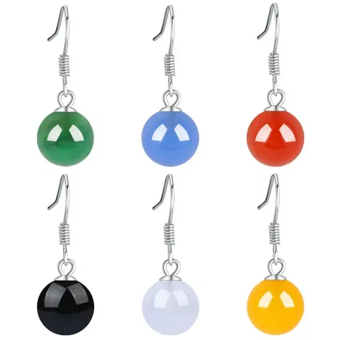 S925 Sterling Silver Natural Agate Bead Drop Earrings Vintage Round Gemstone Ear Hooks For Women Elegant Jewelry Gift
