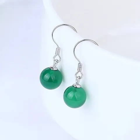 S925 Sterling Silver Natural Agate Bead Drop Earrings Vintage Round Gemstone Ear Hooks For Women Elegant Jewelry Gift