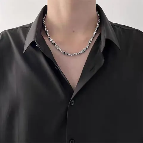 Hip Hop Unisex Hematite Irregular Geometric Bead Necklace Trendy Metallic Gray Gravel Chain With Artificial Pearl Accent Statement Jewelry Gift