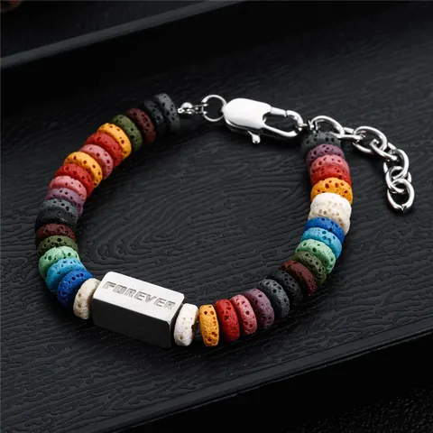 Bracciale di Perline in Pietra Lavica Arcobaleno per Uomo Donna in Acciaio al Titanio Ciondolo Forever Catena Regolabile Gioielli