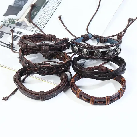 Vintage Men Braided Leather Bracelet Multi-layer Adjustable Wax Rope Wood Bead Alloy Star Punk Jewelry For Daily Party
