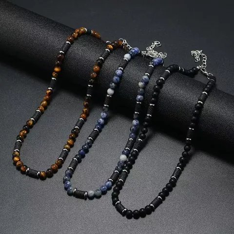 Collana in Perline di Pietra Naturale Occhio di Tigre Onice Nero Pietra Lavica Uomo Minimalista Regolabile Gioielli