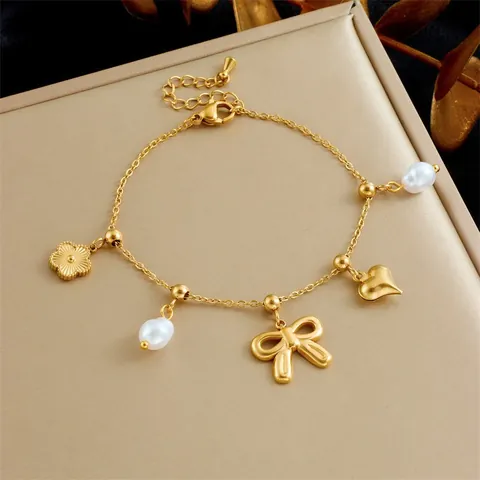 Vergoldetes Edelstahl Charm Armband Für Damen Elefant Herz Schleife Seestern Charms Imitationsperle Eleganter Schmuck