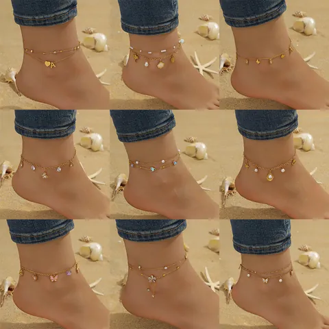 Stainless Steel Anklet For Women Gold Plated Butterfly Heart Letter Shell Starfish Pendant Boho Beach Foot Jewelry Gift