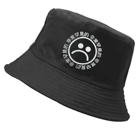 Bob Unisexe en Toile de Coton Décontracté Impression Visage Triste Protection Solaire Chapeau de Pêcheur pour Hommes Femmes Streetwear Accessoire Extérieur