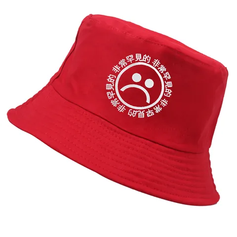 Bob Unisexe en Toile de Coton Décontracté Impression Visage Triste Protection Solaire Chapeau de Pêcheur pour Hommes Femmes Streetwear Accessoire Extérieur