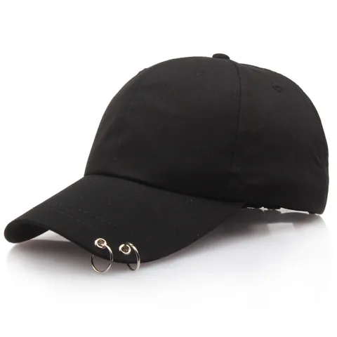 Berretto da Baseball Unisex in Cotone Nero Con Anelli in Metallo Argento Regolabile Streetwear Hip Hop Cappello da Sole