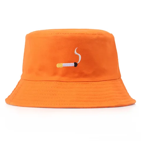 Cotton Canvas Cigarette Embroidery Bucket Hat For Men Women Casual Streetwear Sun Fisherman Cap Flat Top Rolled Edge Hat