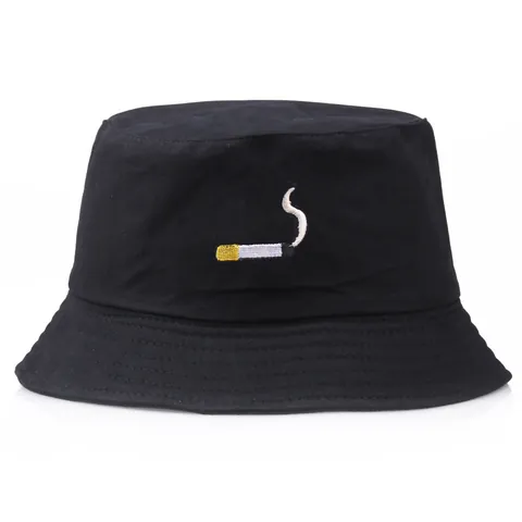Cotton Canvas Cigarette Embroidery Bucket Hat For Men Women Casual Streetwear Sun Fisherman Cap Flat Top Rolled Edge Hat