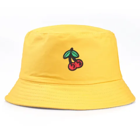 Cappello da Pescatore in Tela di Cotone in Stile Giapponese con Ciliegia Ricamata Unisex Protezione Solare Casual Tesa Corta