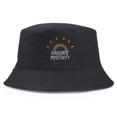 Regenboog Borduurwerk Vissershoed Met Radiate Positivity Belettering Katoen Opvouwbaar Zonbescherming Voor Vrouwen Mannen