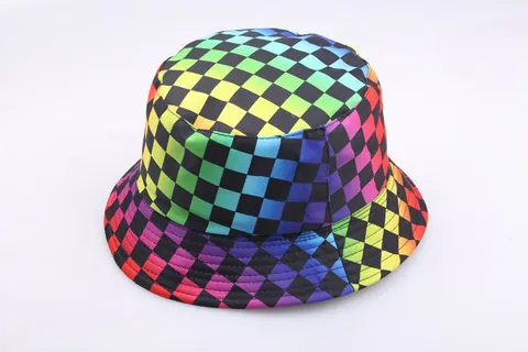 Rainbow Gradient Checkerboard Reversible Bucket Hat Unisex Casual Sunshade Outdoor Flat Top Fisherman Cap