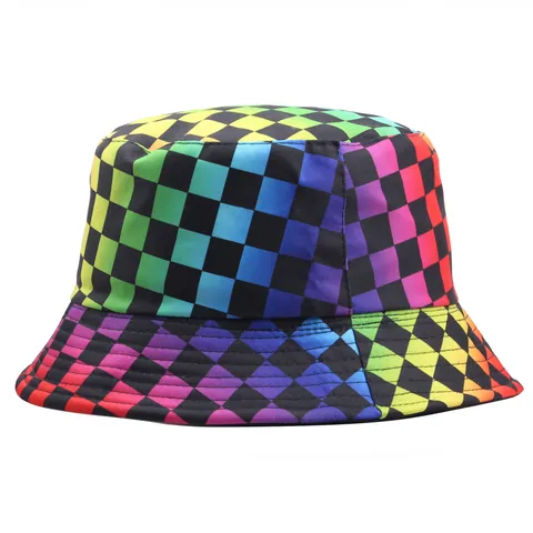 Rainbow Gradient Checkerboard Reversible Bucket Hat Unisex Casual Sunshade Outdoor Flat Top Fisherman Cap