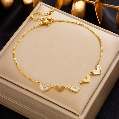 Tobillera De Doble Capa De Acero Inoxidable Con Corazón Mariposa Concha Perla Artificial Para Mujer Joyería De Pie Dorada Elegante Minimalista