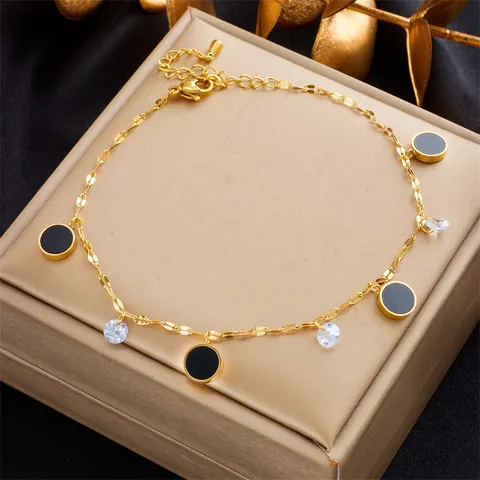 Titanium Steel Anklet For Women Gold Plated With Black Disc Pendants And Clear Zircon Simple Retro Beach Foot Jewelry