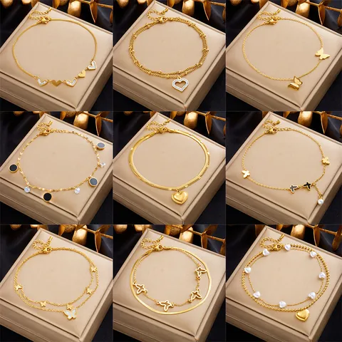 Tobillera De Doble Capa De Acero Inoxidable Con Corazón Mariposa Concha Perla Artificial Para Mujer Joyería De Pie Dorada Elegante Minimalista