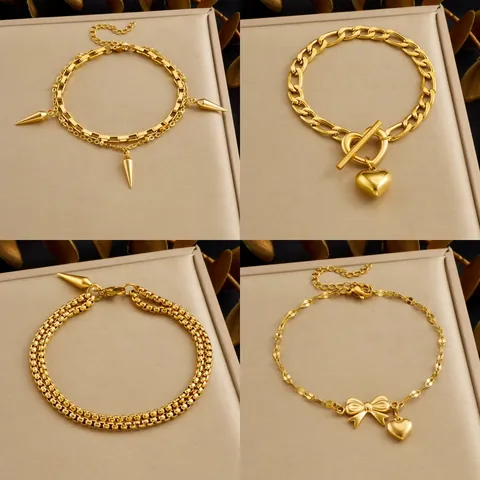 Stainless Steel Heart Bowknot Bracelet For Women Gold Silver Plated Punk Chain Bracelet With Toggle Clasp Fashion Jewelry Gift