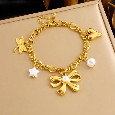 Bracciale Con Charms In Acciaio Inossidabile Placcato Oro Con Pendenti Fiocco Cuore Stella Libellula Perla Artificial Da Donna
