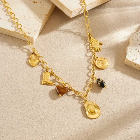 Gold Plated Stainless Steel Necklace Retro Western Cowboy Pendants Boot Hat Heart Palm Moon Jewelry For Women