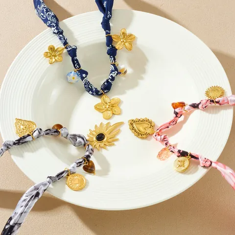 Collier Bracelet Enveloppement Ruban Satin Acier Inoxydable Bohême Avec Pendentif Fleur Coeur Soleil Palmier Bijoux Mode Femme