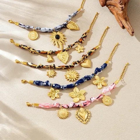 Collier Bracelet Enveloppement Ruban Satin Acier Inoxydable Bohême Avec Pendentif Fleur Coeur Soleil Palmier Bijoux Mode Femme