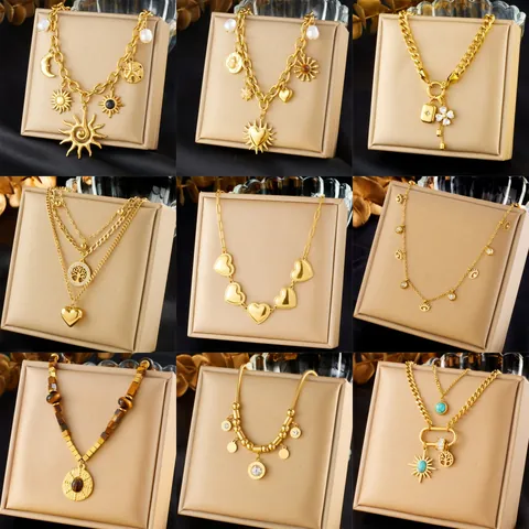 Collana Multistrato in Acciaio Inossidabile per Donna Oro Argento Cuore Sole Croce Pendente Bohémien Gioielli Moda Regalo
