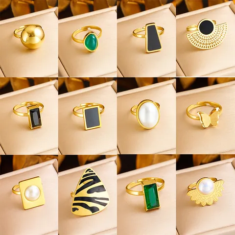 Anelli Aperti Geometrici Vintage In Acciaio Inossidabile Placcato Oro Perla Artificial Gemma Sintetica Farfalla Regolabile Gioielli Donna