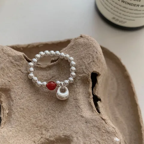 S925 Sterling Silver Beaded Ring For Women Vintage Chinese Style Red Agate Beads Heart Pendant Elastic Adjustable Finger Ring Jewelry