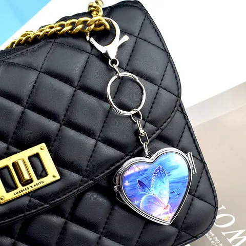 Mini Folding Makeup Mirror Keychain Portable Metal Double Sided Compact Mirror Butterfly Marble Pocket Mirror For Purse Backpack Decor Gift